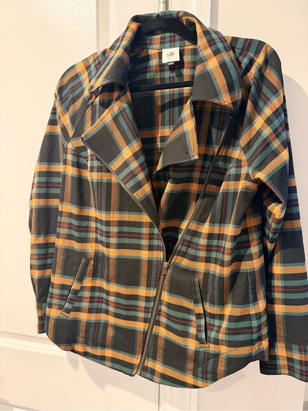 CAbi Plaid Zip Blazer in Green, Mustard & Teal